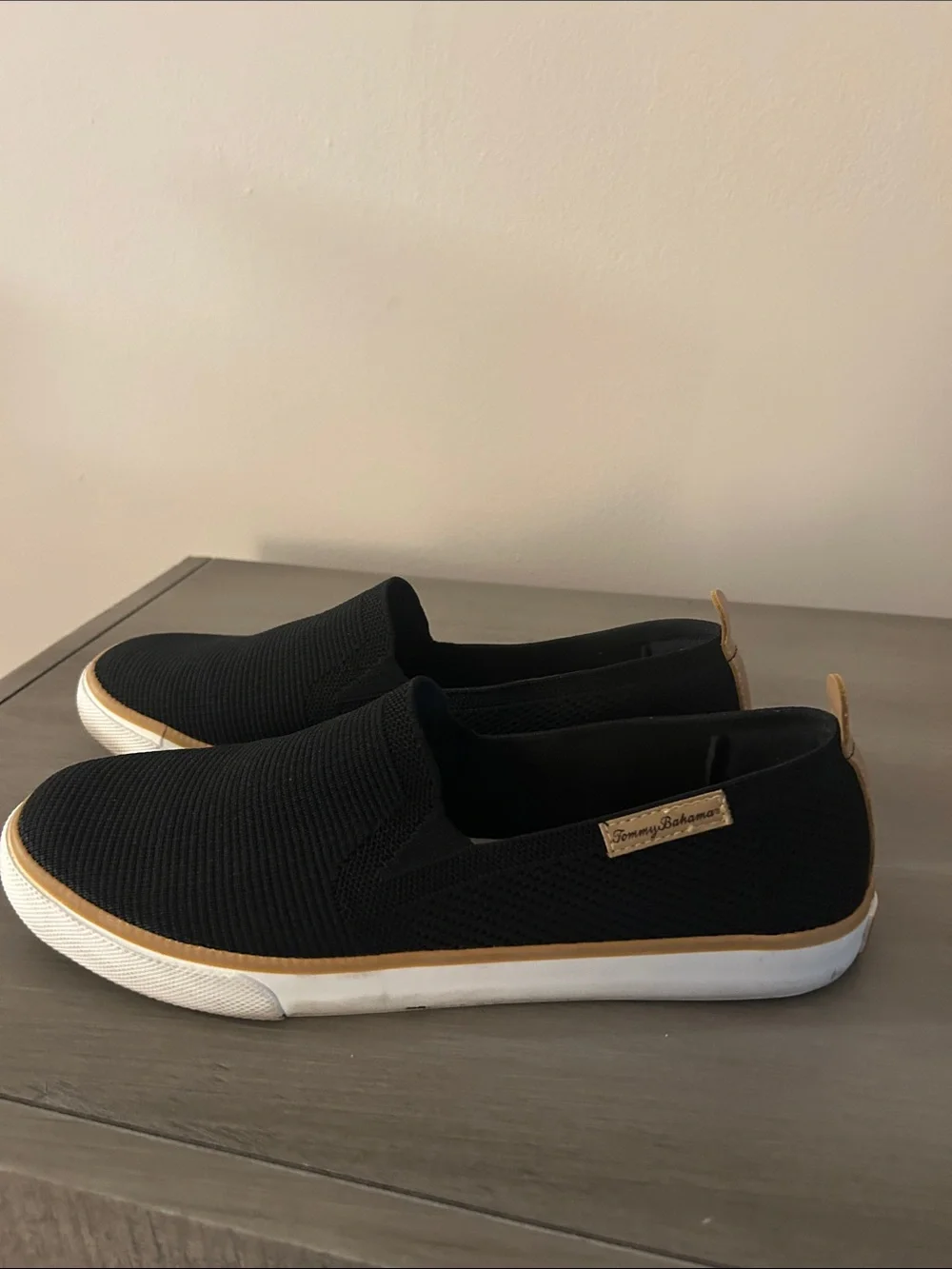 Tommy Bahama Black Slip-On Knit Loafers with Tan Trim